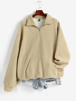 Quarter Zip Front Pocket Thermal Lined Sweatshirt L Light coffee