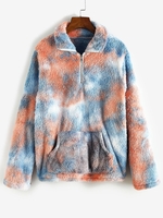 Quarter Zip Front Pocket Tie Dye Fluffy Sweatshirt S Blue