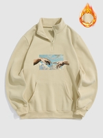 Quarter Zip Gesture Renaissance Print Vintage Fleece Thermal Lined Sweatshirt L Light coffee