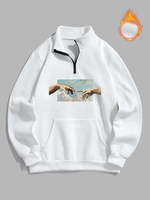 Quarter Zip Gesture Renaissance Print Vintage Fleece Thermal Lined Sweatshirt L White