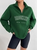 Quarter Zip Letter BROOKLYN NEW YORK Graphic Thermal Fleece Lined Sweatshirt L Green