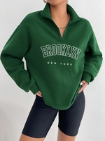 Quarter Zip Letter BROOKLYN NEW YORK Graphic Thermal Fleece Lined Sweatshirt L Green