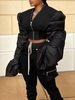 Quilted Drop Shoulder Zip Up Crop Puffer Jacket S Black