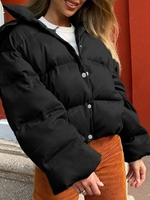 Quilted Hooded Button Up Puffer Jacket L Black