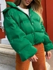 Quilted Hooded Button Up Puffer Jacket L Green