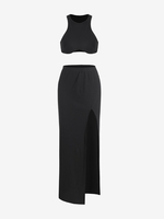 Racerback Underboob Top and Thigh Split Skirt Set L Black