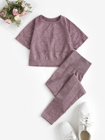 Raglan Short Sleeves Crop Top With Leggings Dots Gym Yoga Sports Set L Light purple