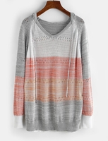 Raglan Sleeve Colorblock Pointelle Knit Sweater M Gray