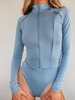 Raglan Sleeve Mock Neck Zip Front Bodysuit S Blue