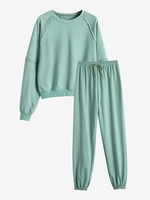 Raglan Sleeve Overlocking Detail Drawstring Jogger Pants Set L Light green