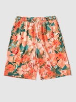 Retro Floral Printed Drawstring Casual Shorts L Orange