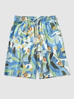 Retro Floral Printed Drawstring Casual Shorts M Blue