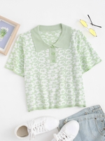 Retro Floral Puff Sleeve Knitted Top Light green
