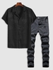 Retro Jacquard Shirt and Ripped Zipper Button Jeans Set Black