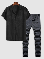 Retro Jacquard Shirt and Ripped Zipper Button Jeans Set Black