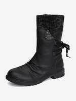 Retro Knitted Spliced Design Back Lace-up Fleece-lined Calf Boots