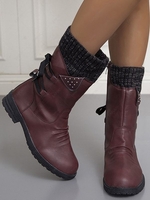 Retro Knitted Spliced Design Back Lace-up Fleece-lined Calf Boots