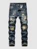 Retro Ripped Pockets Zipper Fly Jeans 36 Blue