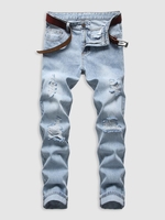 Retro Ripped Zipper Fly Pockets Casual Jeans 38 Light blue