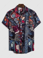 Retro Tribal Print Button Up Shirt Xxl Deep blue