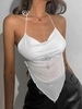 Rhinestone Cross Mesh Overlay Scarf Hem Tank Top L White
