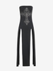 Rhinestone Cross Pattern Thigh Split Strapless Dress M Black