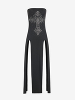 Rhinestone Cross Pattern Thigh Split Strapless Dress M Black
