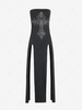Rhinestone Cross Pattern Thigh Split Strapless Dress S Black
