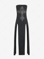 Rhinestone Cross Pattern Thigh Split Strapless Dress S Black