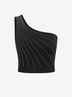 Rhinestone Embellished One Shoulder Crop Tank Top S Black