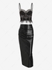 Rhinestone Feather Hem Bralette Top with Ruched PU Midi Pencil Skirt Set Black
