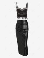 Rhinestone Feather Hem Bralette Top with Ruched PU Midi Pencil Skirt Set Black