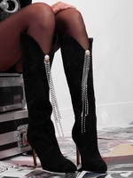 Rhinestone Fringed Faux Suede Knee Length Boots