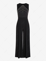 Rhinestone Ladder Cut Wide Leg Jumpsuit L Black