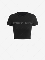 Rhinestone Letter Crop T Shirt M Black