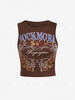 Rhinestone Letter Print Crop Tank Top L Deep coffee