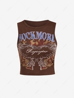 Rhinestone Letter Print Crop Tank Top S Deep coffee
