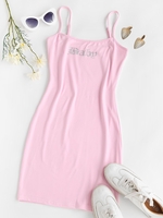 Rhinestone Letter Spaghetti Strap Mini Dress M Light pink