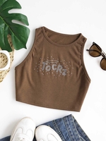 Rhinestone Letters Jersey Crop Top L Coffee