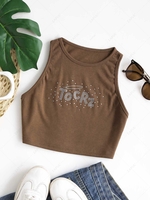 Rhinestone Letters Jersey Crop Top M Coffee