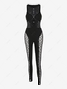 Rhinestone See Thru Lace Cut Out Jumpsuit L Black