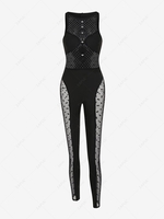 Rhinestone See Thru Lace Cut Out Jumpsuit L Black