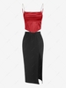 Rhinestone Strap Draped Sheeny Corset Top And Thigh Slit Midi Skirt Two Piece Set Deep red