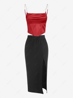 Rhinestone Strap Draped Sheeny Corset Top And Thigh Slit Midi Skirt Two Piece Set Deep red