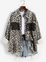Rhinestone Tassels Frayed Leopard Print High Low Denim Jacket L Multi a