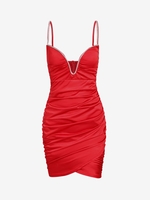 Rhinestone V Notched Ruched Tulip Dress L Red
