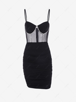 Rhinestones Bustier Sheer Mesh Overlay Slinky Dress M Black