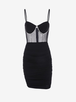Rhinestones Bustier Sheer Mesh Overlay Slinky Dress S Black