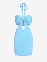 Rhinestones Chains Cut Out O-ring Halter Dress L Light blue