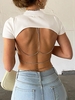 Rhinestones Chains Open Back Ribbed Tee L White